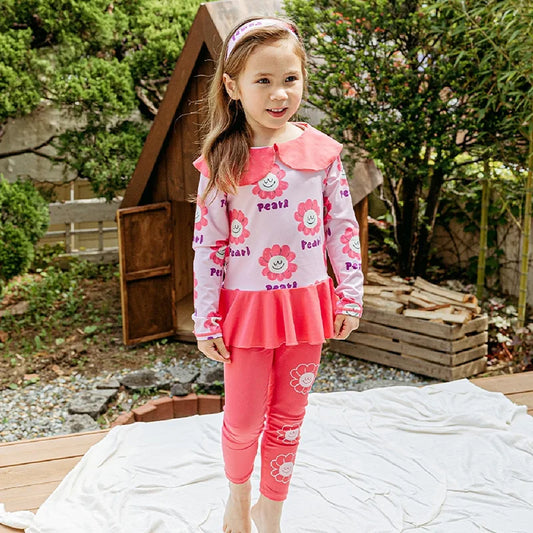 Children's Swimsuit 3-piece Suit Swimwear Girls Cute Flower Sun Protection Long Sleeve Kids' Beach Swimsuit with Swimming Cap
