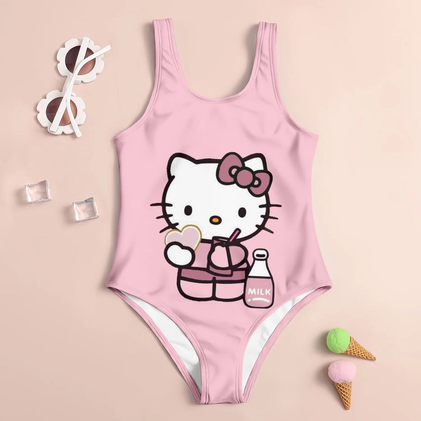 Kids  set swimsuit 3D hello kitty printed pattern printed girl's swimsuit - suitable for summer beach vacation swimming