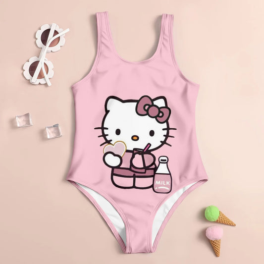 Kids  set swimsuit 3D hello kitty printed pattern printed girl's swimsuit - suitable for summer beach vacation swimming