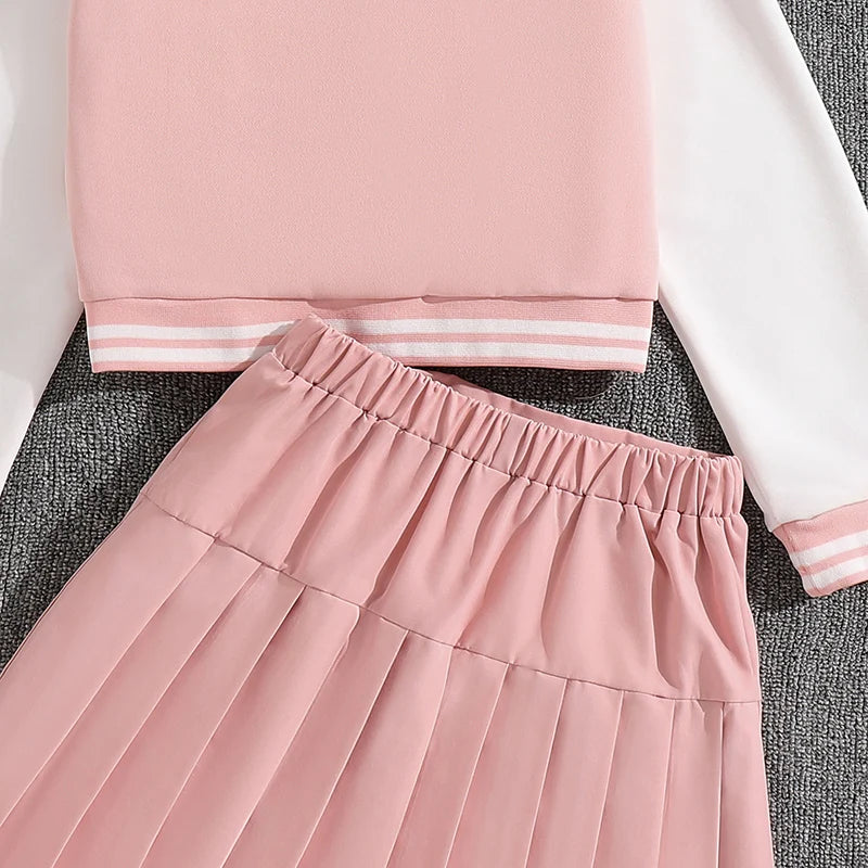 Girls Sets Letters Applique Baseball Outwear & Pleated Skirt Spring Outfit Tween Girls Casual Sporty Sets Trendy Kids Suits