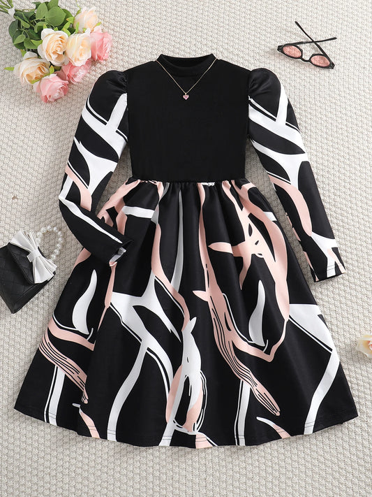 Girls' dress autumn contrasting striped pattern dress fashionable sweet girl elegant style children's princess dress