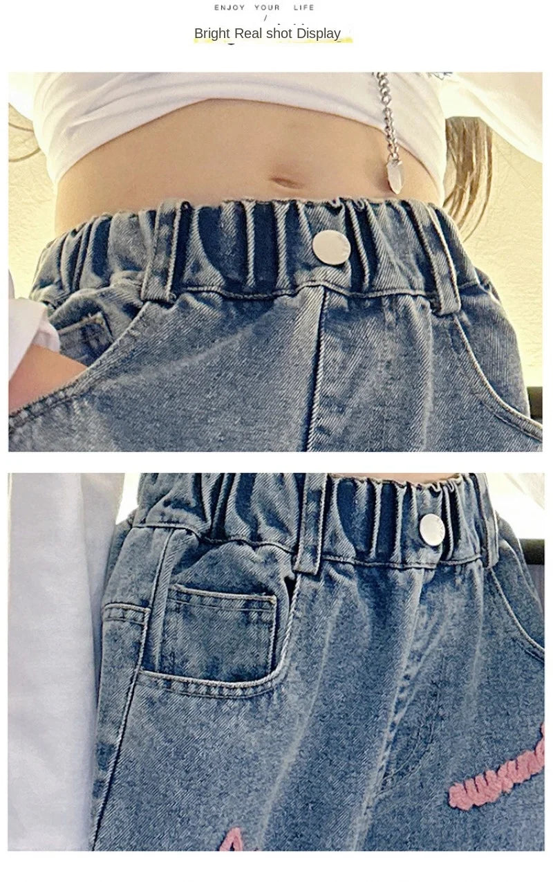 New 2024 Spring Teenagen Girls Jeans Stars Love Towel Embroidered wide Leg Long pants Baggy Denim Trousers for 4-13yrs Kids Girl