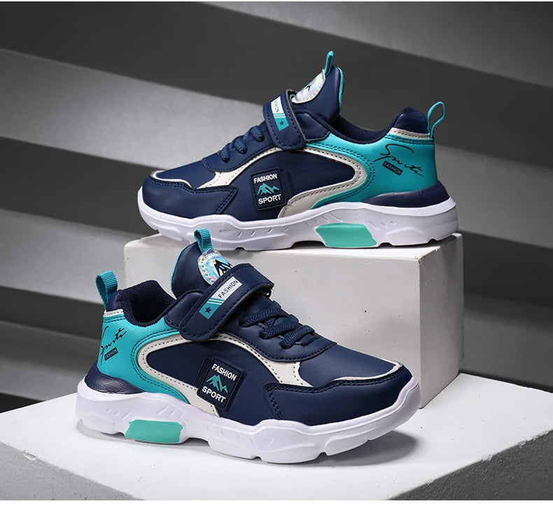 Kids Fashion Sport Casual Sneakers for Boys Leather Upper Children's Outdoor Lightweight Shock-Absorbing Running Shoes