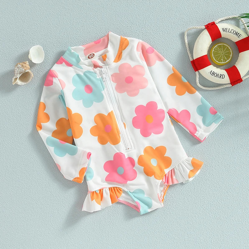 Kids Baby Girl Swimsuits Summer Floral Long Sleeve Zipper Ruffles Jumpsuit Swimwear Beachwear Bathing Suits
