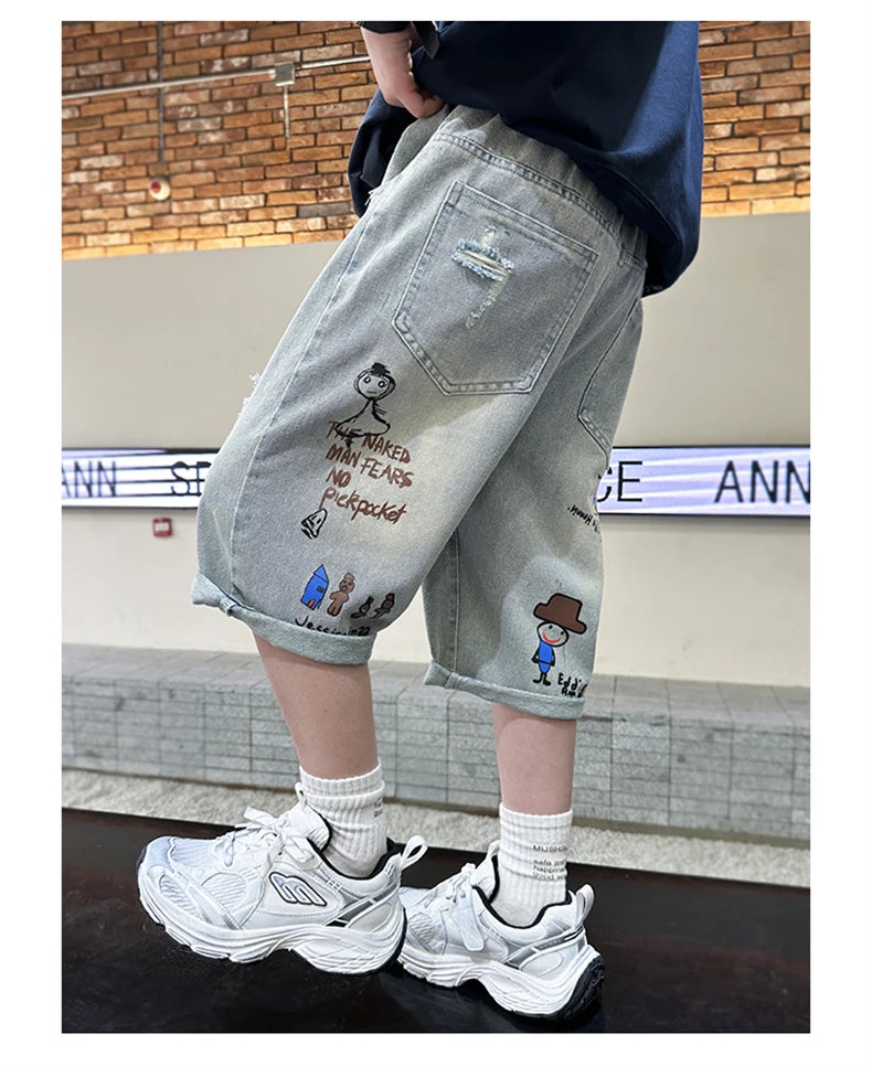 Boy Ripped Jeans 2025 New Product Mid-Pants Summer Fashion Casual Boys Denim Mid-Pants  Printed Cropped Pants 5-15 years old