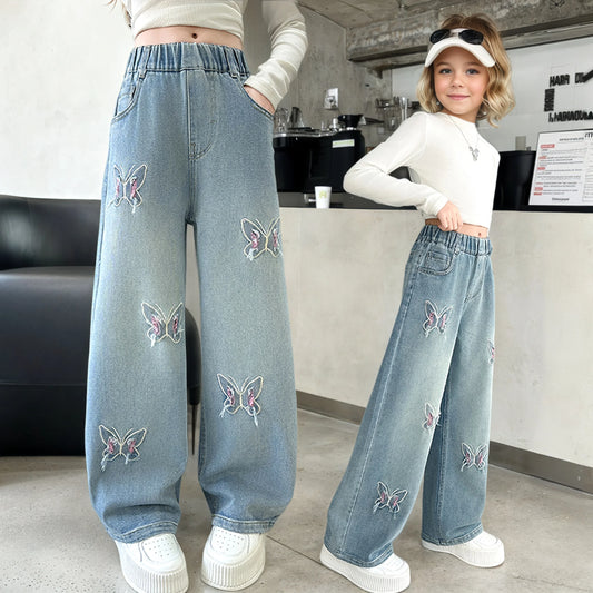Girls versatile butterfly ripped  jeans wide-leg pants 2025 new product fashionable versatile medium and large children slimming