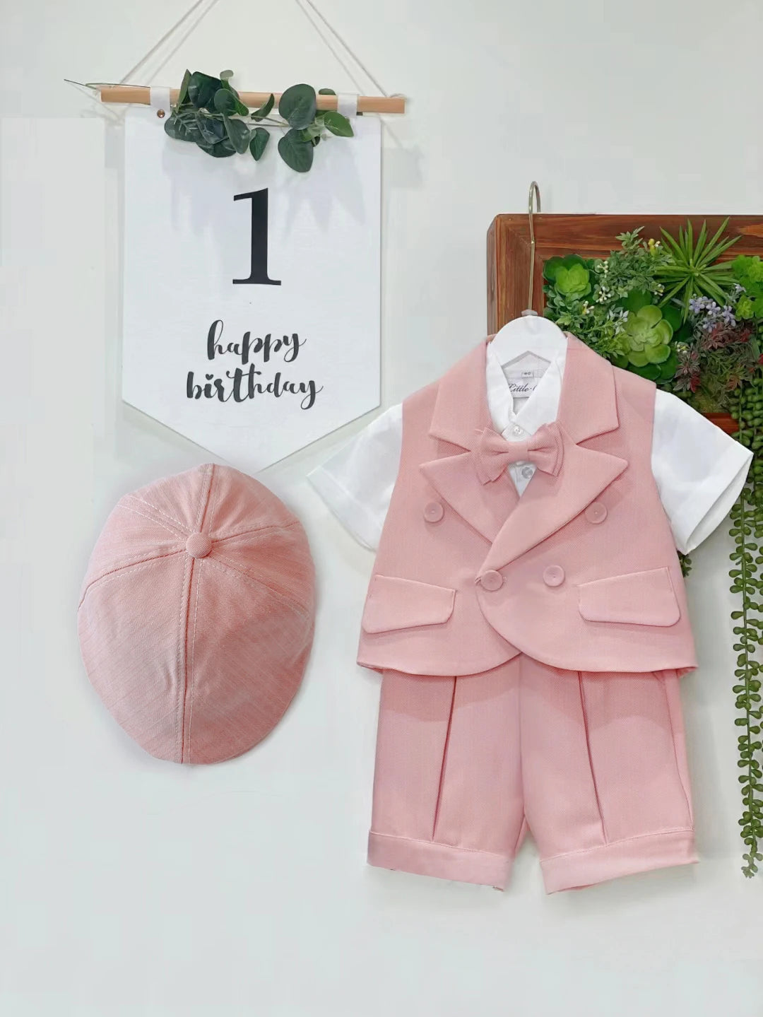 Kids Clothes Pink Boys Suit 3 Piece Vest Short Tiebow +Hat Clothing Set Tuxedo Kids Fashion Custom 1-4 Years Birthday Dress