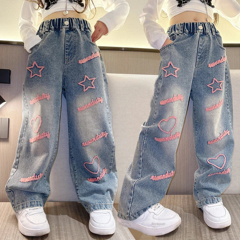 New 2024 Spring Teenagen Girls Jeans Stars Love Towel Embroidered wide Leg Long pants Baggy Denim Trousers for 4-13yrs Kids Girl