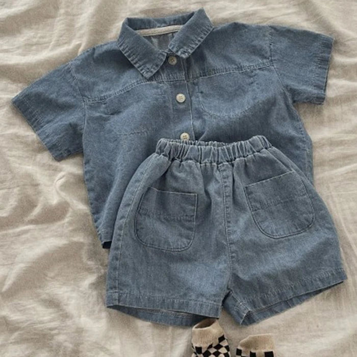 Korean Style 1-6Yrs Baby Boys Girl Clothes Set Cotton Linen Short Sleeved Cardigan+Shorts Kids Clothing Suit For Summer