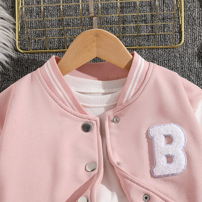 Girls Sets Letters Applique Baseball Outwear & Pleated Skirt Spring Outfit Tween Girls Casual Sporty Sets Trendy Kids Suits