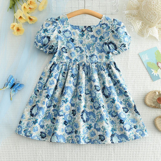 Kid's Dress For 2-6 Years Girls Blue Floral Short Sleeve Princess Dress Summer Fashion Kids Casual Dresses