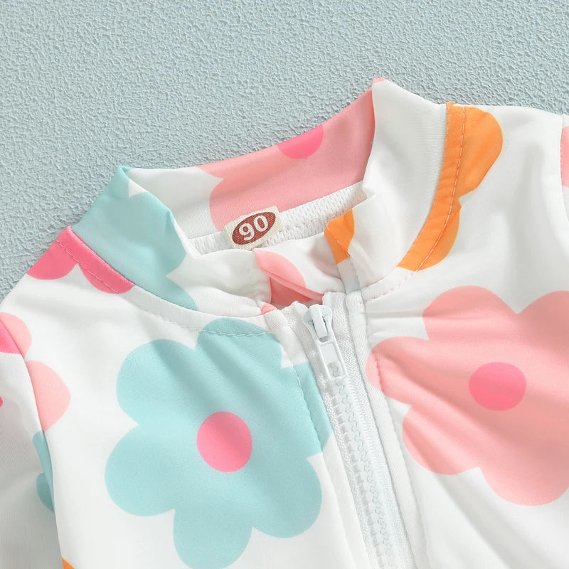 Kids Baby Girl Swimsuits Summer Floral Long Sleeve Zipper Ruffles Jumpsuit Swimwear Beachwear Bathing Suits