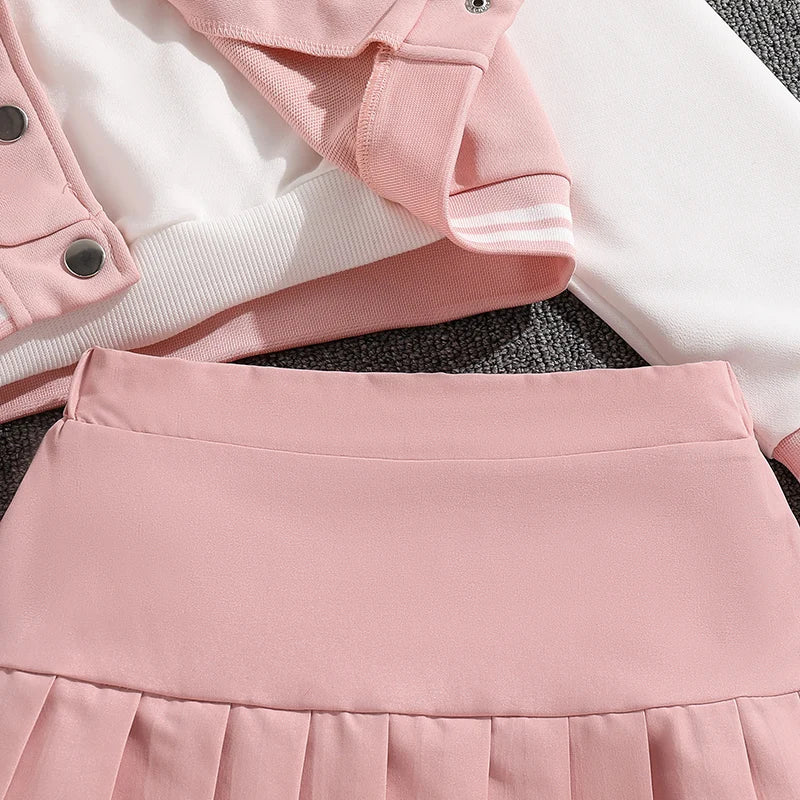 Girls Sets Letters Applique Baseball Outwear & Pleated Skirt Spring Outfit Tween Girls Casual Sporty Sets Trendy Kids Suits
