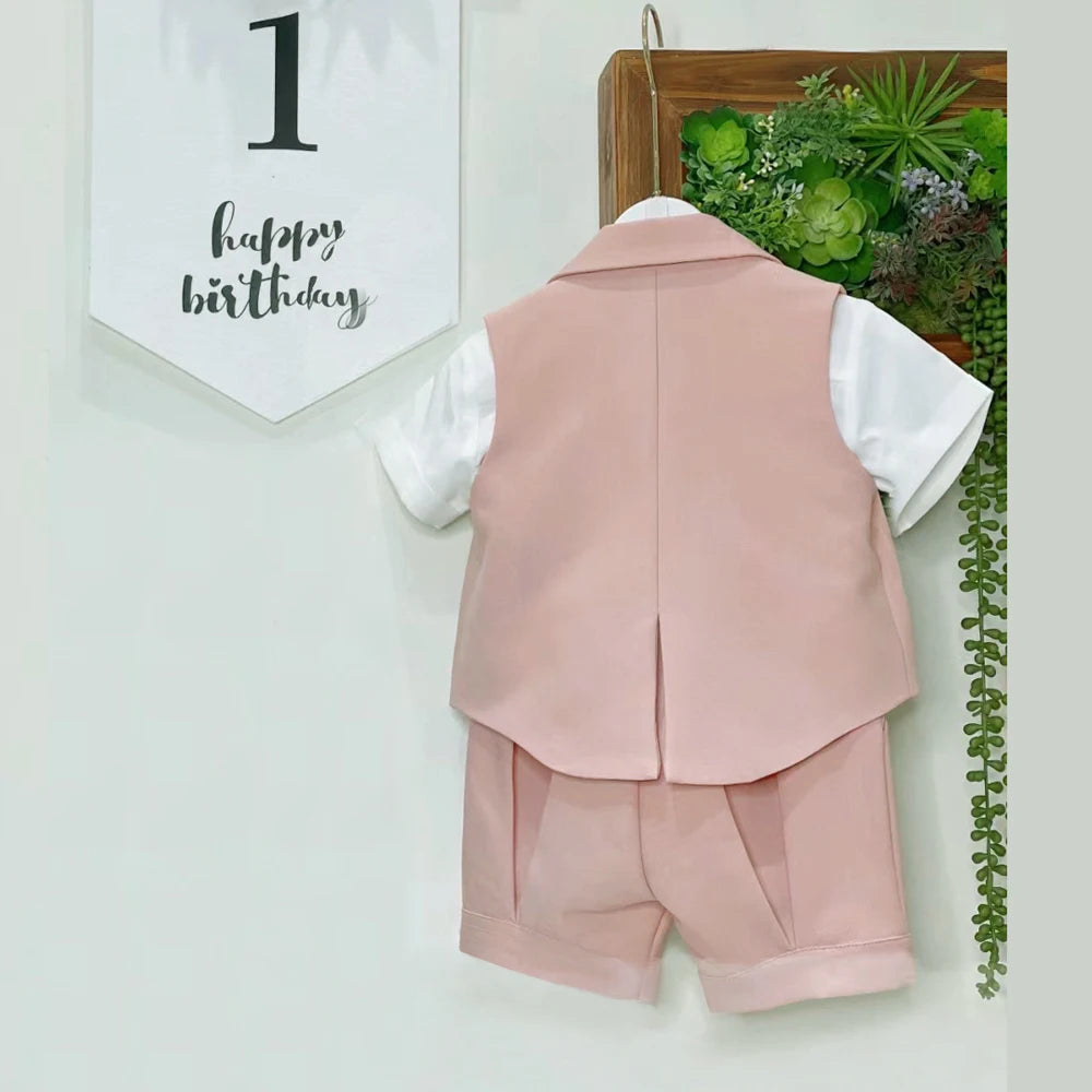 Kids Clothes Pink Boys Suit 3 Piece Vest Short Tiebow +Hat Clothing Set Tuxedo Kids Fashion Custom 1-4 Years Birthday Dress