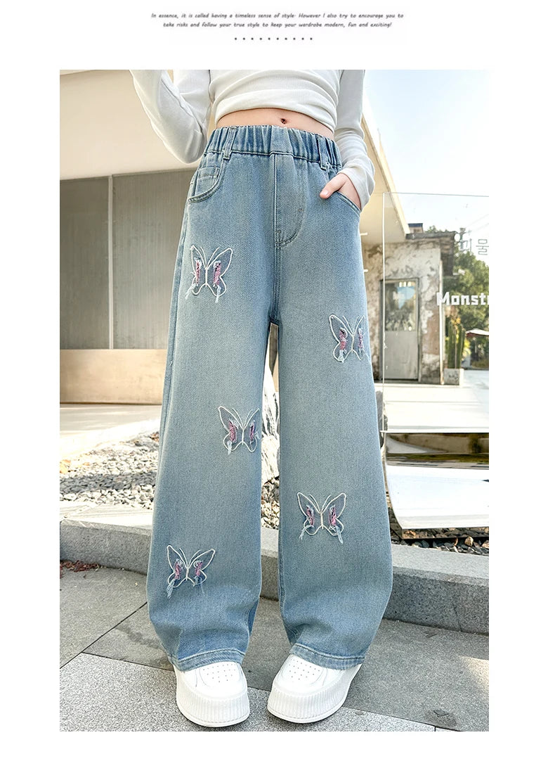 Girls versatile butterfly ripped  jeans wide-leg pants 2025 new product fashionable versatile medium and large children slimming
