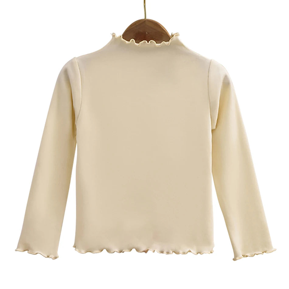 Autumn-Winter Girls Long Sleeve Solid Color T-Shirt with Ruffle Collar Girls Fashionable Comfortable Everyday Wear T-Shirt