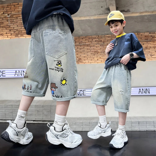Boy Ripped Jeans 2025 New Product Mid-Pants Summer Fashion Casual Boys Denim Mid-Pants  Printed Cropped Pants 5-15 years old