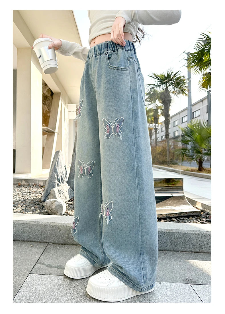 Girls versatile butterfly ripped  jeans wide-leg pants 2025 new product fashionable versatile medium and large children slimming