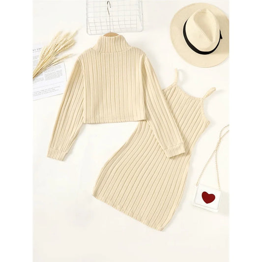 8-14 Years Children Girl 2PCS Clothes Set Solid Long Sleeve Knited Top with Sling Hip Wrap Dress Kid Autumn Elegant Party Outfit