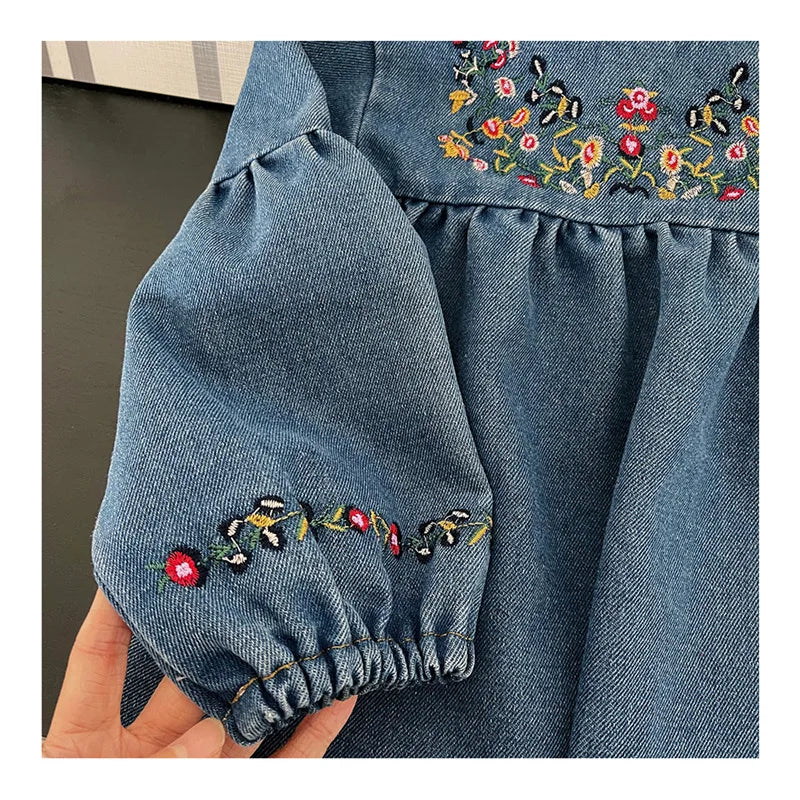 Kids Clothing  Spring And Autumnr Round Neck Floral Embroidered Long Sleeve Denim dress Girls Dress Princess Dress