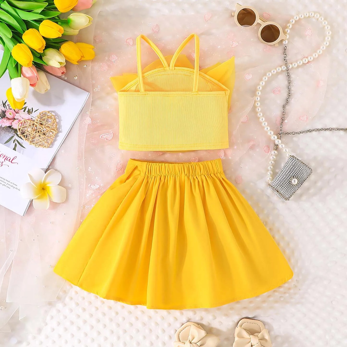 Girls Children'S Set For Kids Solid Color Three Flower Skirts Set Dress Long Sleeve Shirt Sling+Dress Summer Overalls