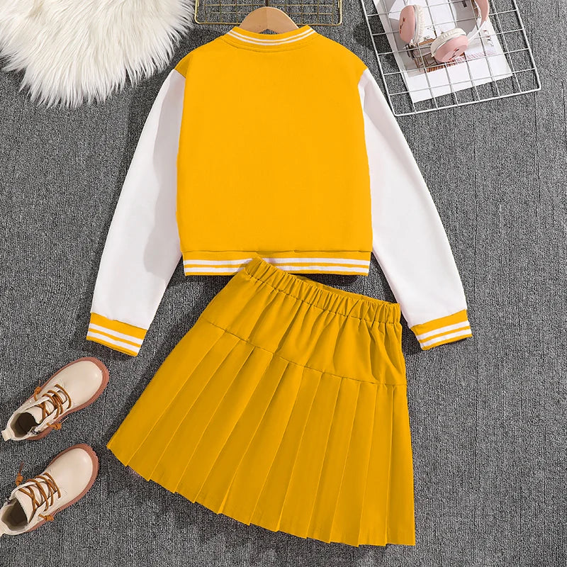 Girls Sets Letters Applique Baseball Outwear & Pleated Skirt Spring Outfit Tween Girls Casual Sporty Sets Trendy Kids Suits