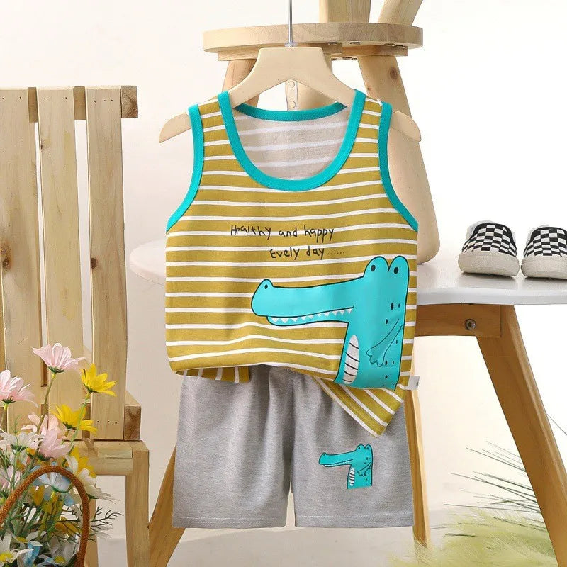 Kids Boys Girls Vest+Shorts 2-Piece Clothing Set Summer Tracksuit Baby Soft Cotton Cartoon Pajamas Home Wear Casual Clothes Suit