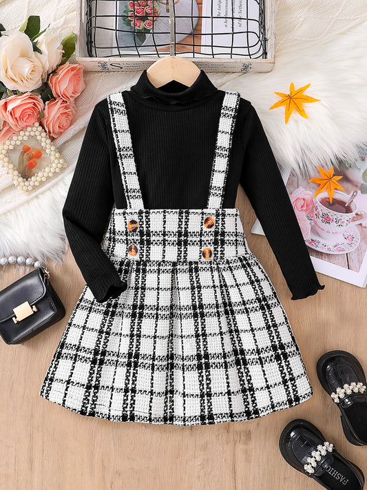 Children's clothing, girls' autumn fashion dress 2-piece set, black high neck knitted long sleeved+white checkered skirt