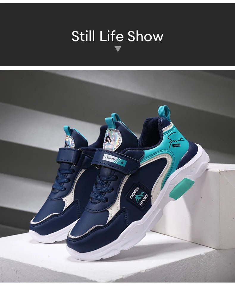 Kids Fashion Sport Casual Sneakers for Boys Leather Upper Children's Outdoor Lightweight Shock-Absorbing Running Shoes
