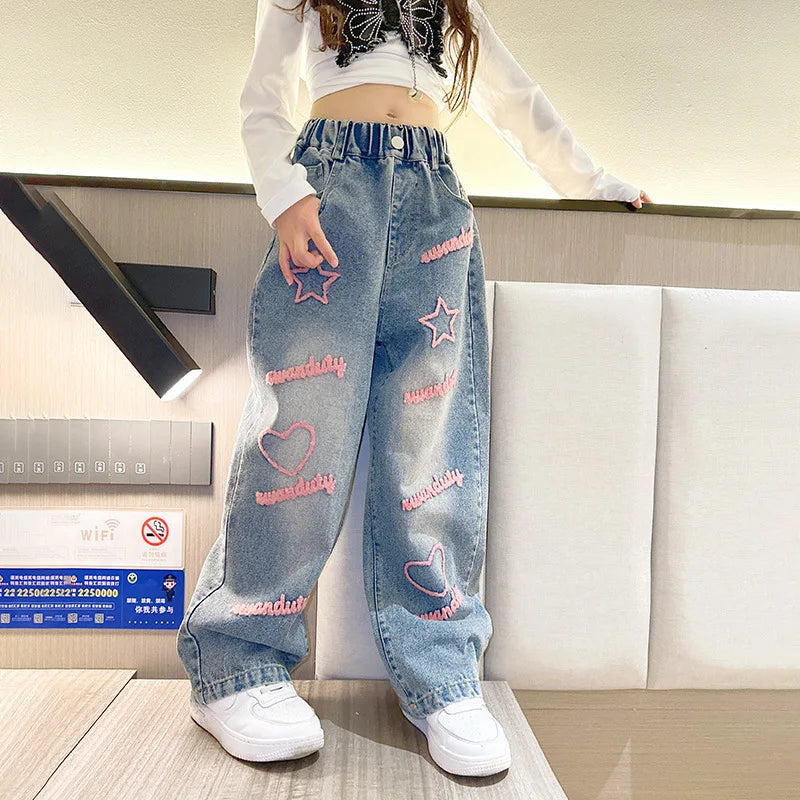 New 2024 Spring Teenagen Girls Jeans Stars Love Towel Embroidered wide Leg Long pants Baggy Denim Trousers for 4-13yrs Kids Girl