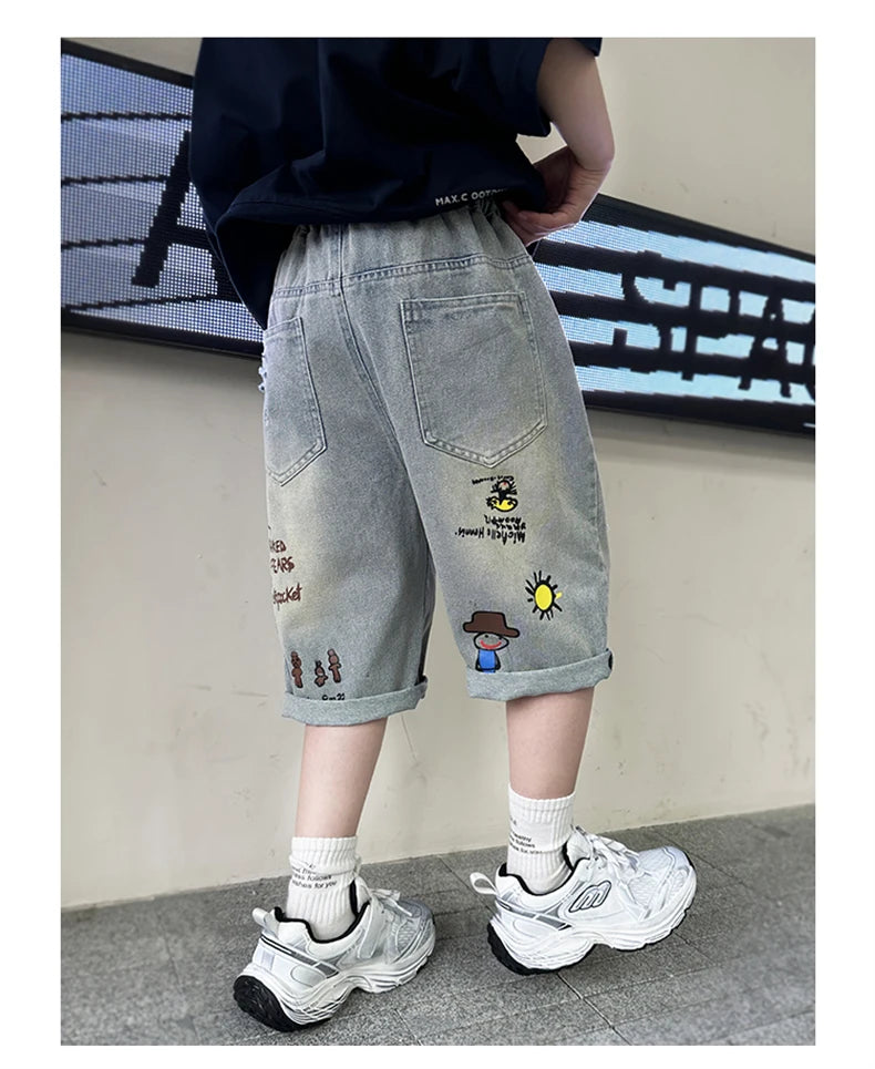 Boy Ripped Jeans 2025 New Product Mid-Pants Summer Fashion Casual Boys Denim Mid-Pants  Printed Cropped Pants 5-15 years old