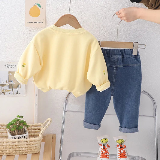 Child wear suit Spring  Autumn Korean version girls Sweet and lovely casual sweatshirt top +denim trousers 0-5 Age Kids clothing