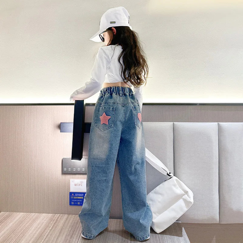 New 2024 Spring Teenagen Girls Jeans Stars Love Towel Embroidered wide Leg Long pants Baggy Denim Trousers for 4-13yrs Kids Girl
