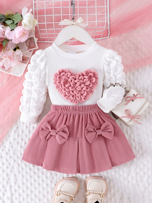 2PCS  Autumn New Style For Girls 1-3 Years Old, Comfortable And Sweet Bubble Sleeve Love Badge Top + Short Skirt Set
