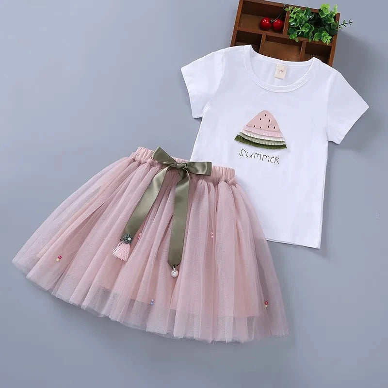 Kids Girls Clothes Sets Cartoon Bow T-Shirts Tops Pleated Skirts Suits Sailor Moon Cosplay Party Custume Children Clothes Sets