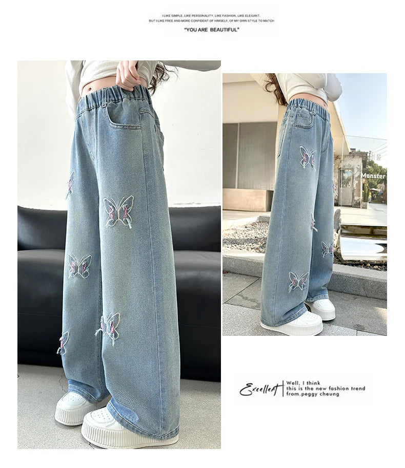 Girls versatile butterfly ripped  jeans wide-leg pants 2025 new product fashionable versatile medium and large children slimming