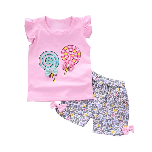 Baby Girls Clothes Sets for Kids T-shirt Tops+Short Pants Clothes Sets Toddler Girl Lollipop Printed Summer Infant Clothing Sets