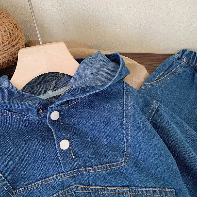 Children's clothing Spring and Autumn, boys' denim hooded sweatshirt, women's Baoyang solid color long sleeved top and pants set