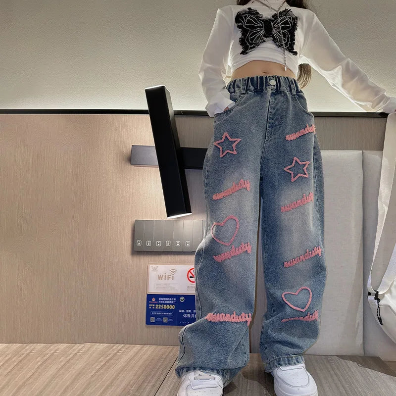 New 2024 Spring Teenagen Girls Jeans Stars Love Towel Embroidered wide Leg Long pants Baggy Denim Trousers for 4-13yrs Kids Girl