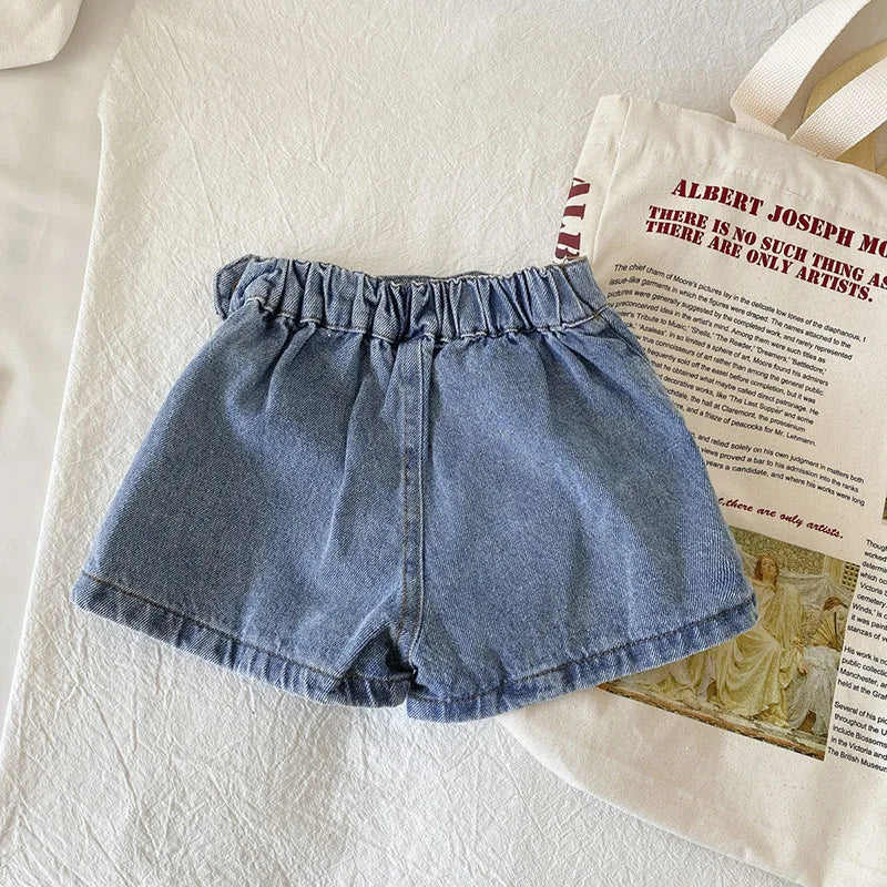 Korean Fashion New Summer Kids Girl Skirt Shorts Solid Elastic Waist Button Soft Denim Culotte Children Versatile Clothing