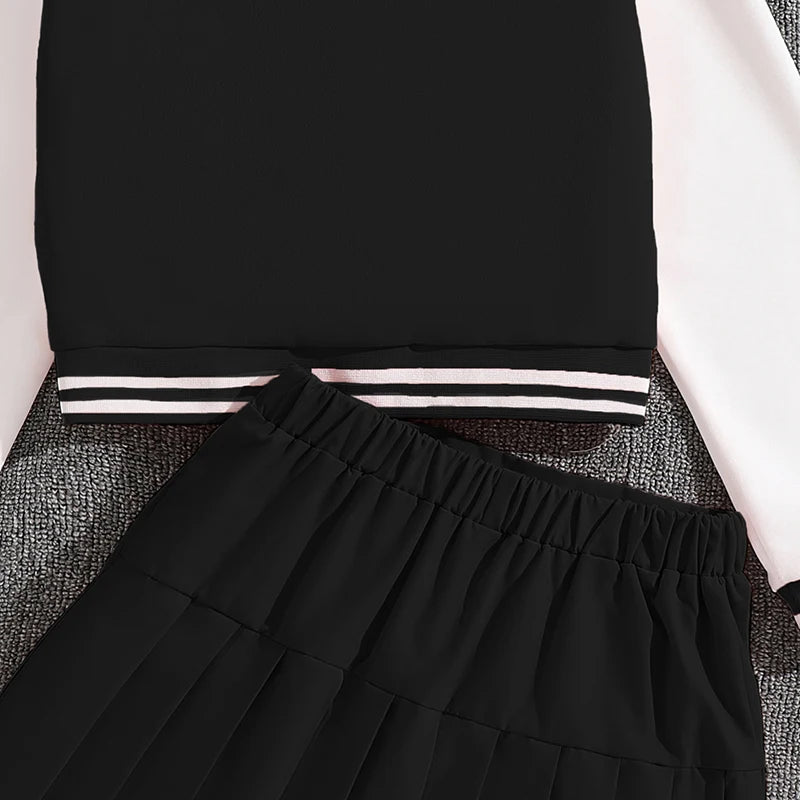 Girls Sets Letters Applique Baseball Outwear & Pleated Skirt Spring Outfit Tween Girls Casual Sporty Sets Trendy Kids Suits