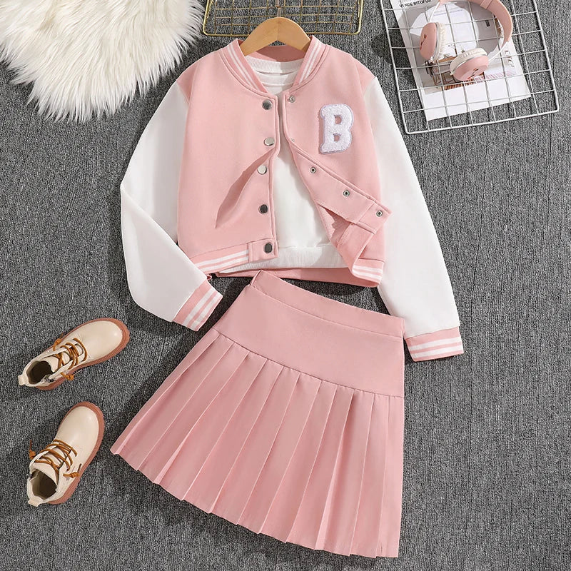 Girls Sets Letters Applique Baseball Outwear & Pleated Skirt Spring Outfit Tween Girls Casual Sporty Sets Trendy Kids Suits