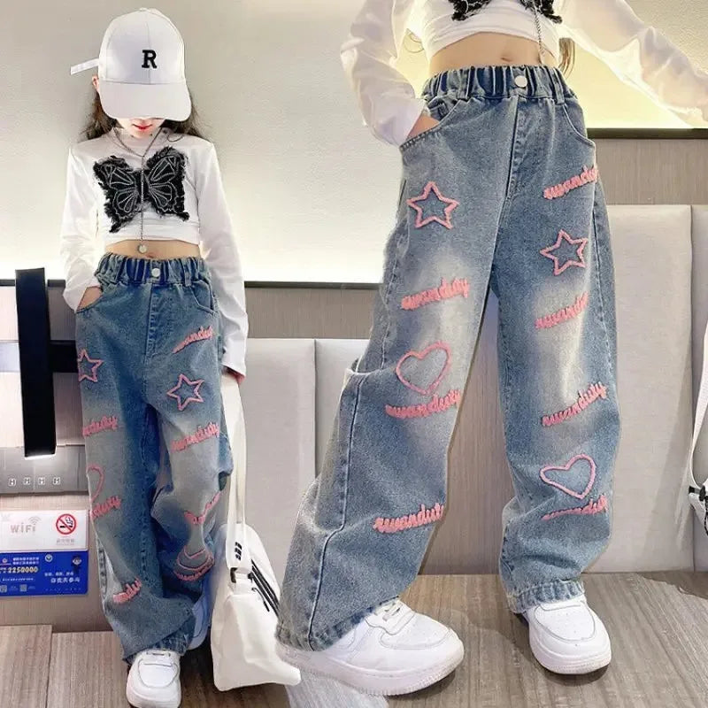 New 2024 Spring Teenagen Girls Jeans Stars Love Towel Embroidered wide Leg Long pants Baggy Denim Trousers for 4-13yrs Kids Girl