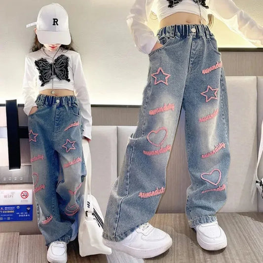 New 2024 Spring Teenagen Girls Jeans Stars Love Towel Embroidered wide Leg Long pants Baggy Denim Trousers for 4-13yrs Kids Girl