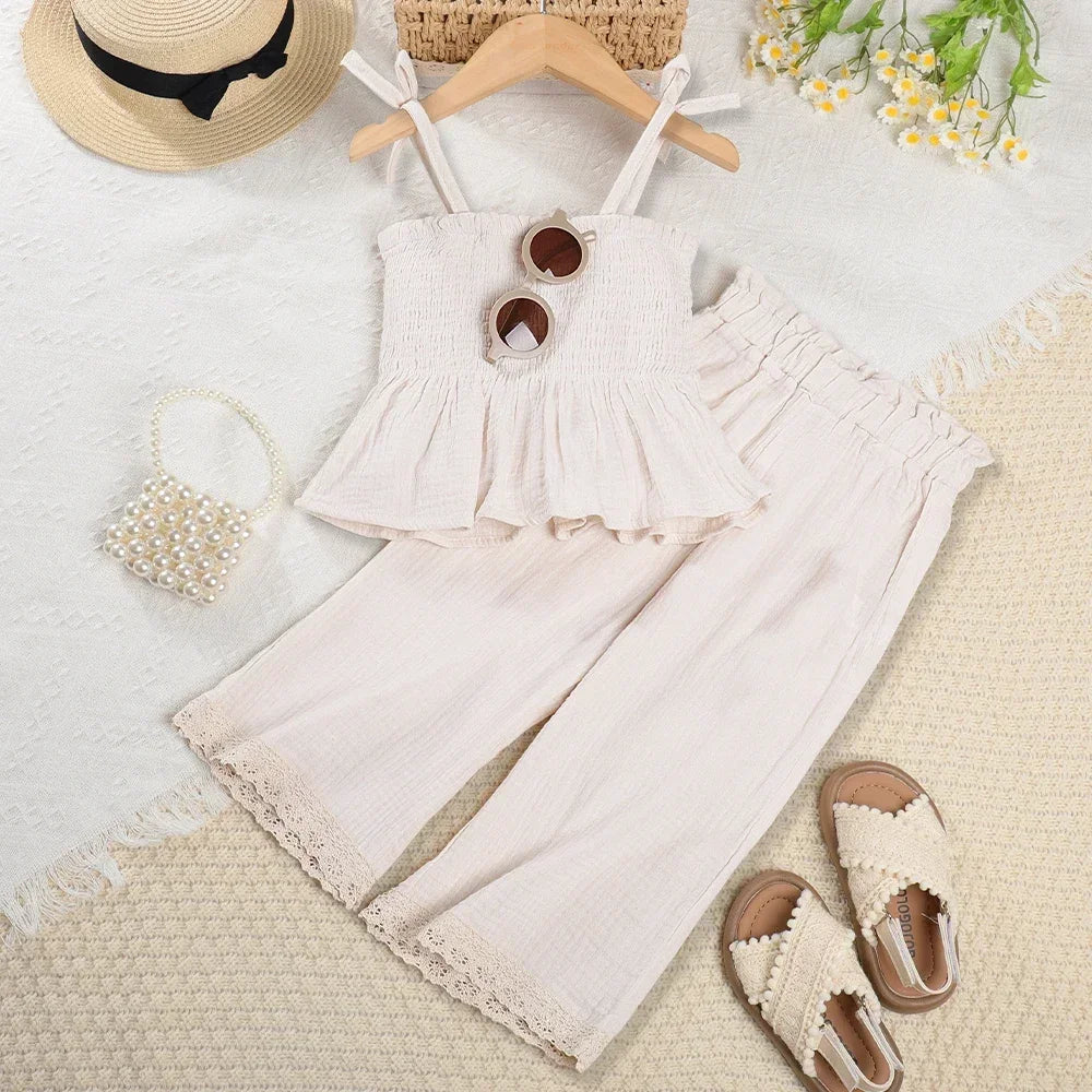 Korean Children Kids Clothing Set Girls Summer Organic Cotton  Camisole Top Lace Wide Leg Pants Trousers Outfits