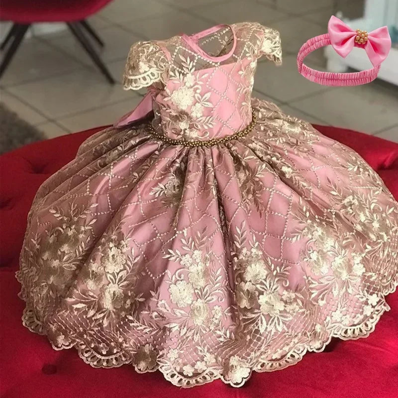 Kids Dresses for Girls 2024 New Flower Lace Princess Dresses Formal Evening Elegant Prom Gown Vintage Embroidery Luxury Dress