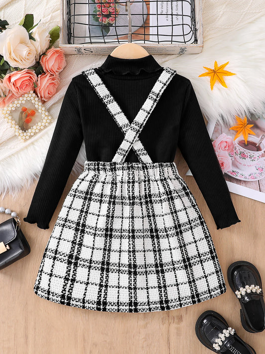 Children's clothing, girls' autumn fashion dress 2-piece set, black high neck knitted long sleeved+white checkered skirt