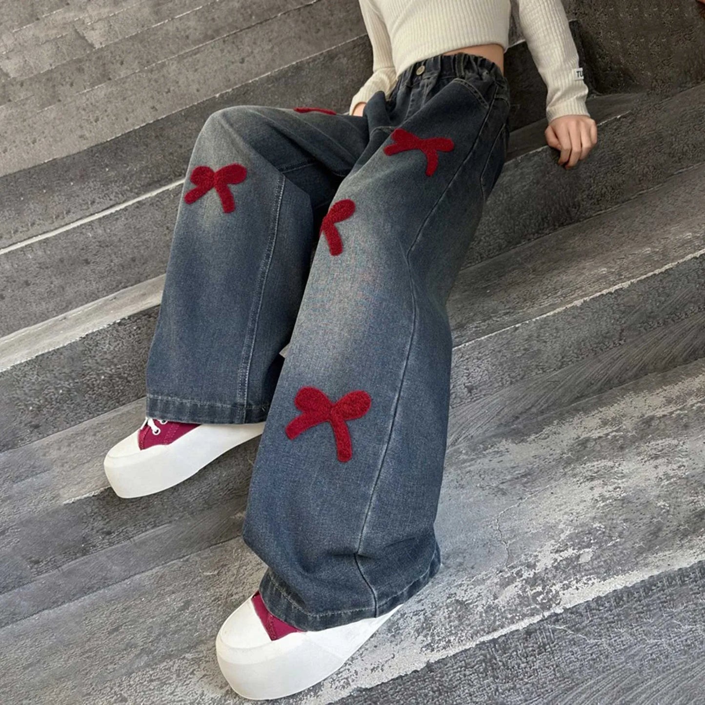 2t Girl Clothes Girls Jeans Streetwear Denim Cargo Pants High Waist Floor Length Baggy Wide Leg Jeans Snow Pants Big Girls
