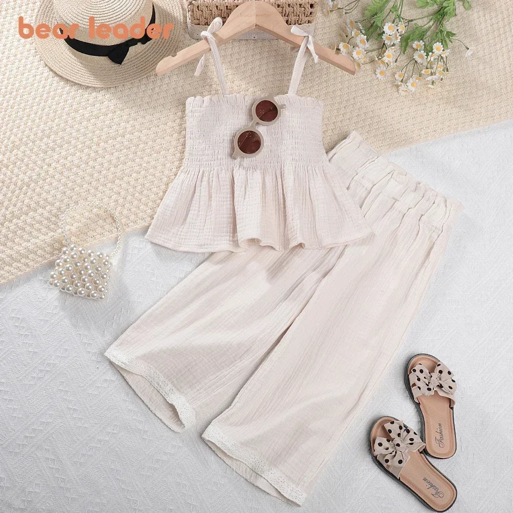 Korean Children Kids Clothing Set Girls Summer Organic Cotton  Camisole Top Lace Wide Leg Pants Trousers Outfits