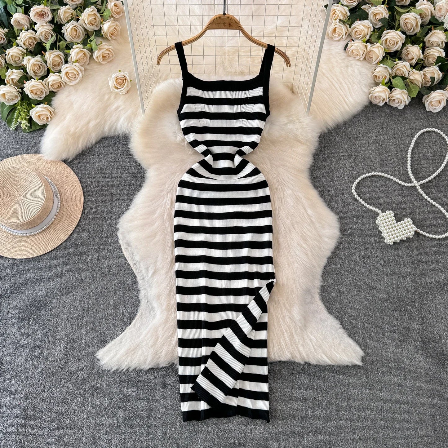 Strip Ins Fashion Sexy Package Hips Bodycon Dress Lady Embroidery Stripes Knitted Spaghetti Straps Outfits Long  Women Dress